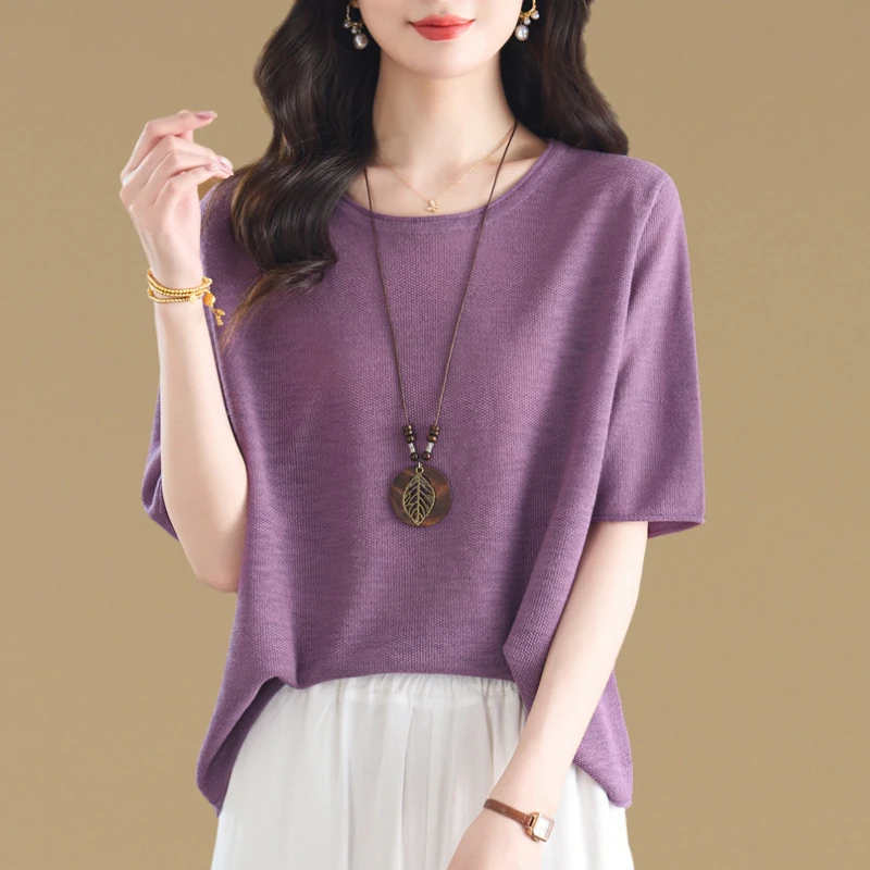 胖妹妹气质大码短袖t恤上衣女2025夏季薄款宽松遮肚子中袖针织衫