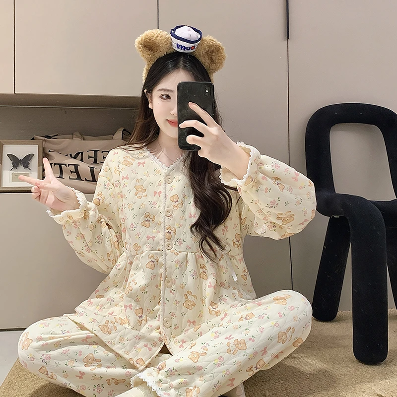 【秋冬空气棉】孕妇睡衣产后产妇坐月哺乳喂奶怀孕期夹层月子服套装