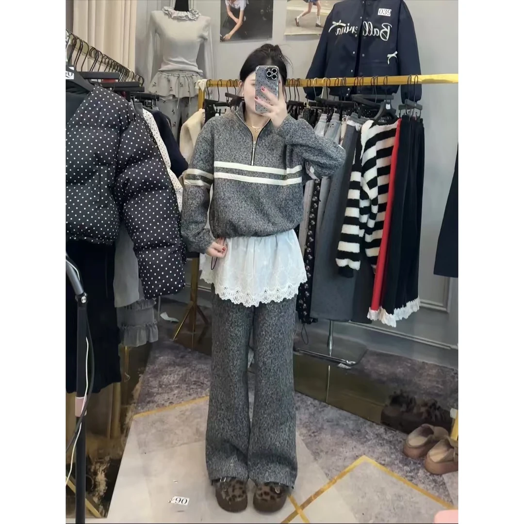 【秘韵】立领时尚半拉链条纹印花卫衣女拼接蕾丝套装.Y773