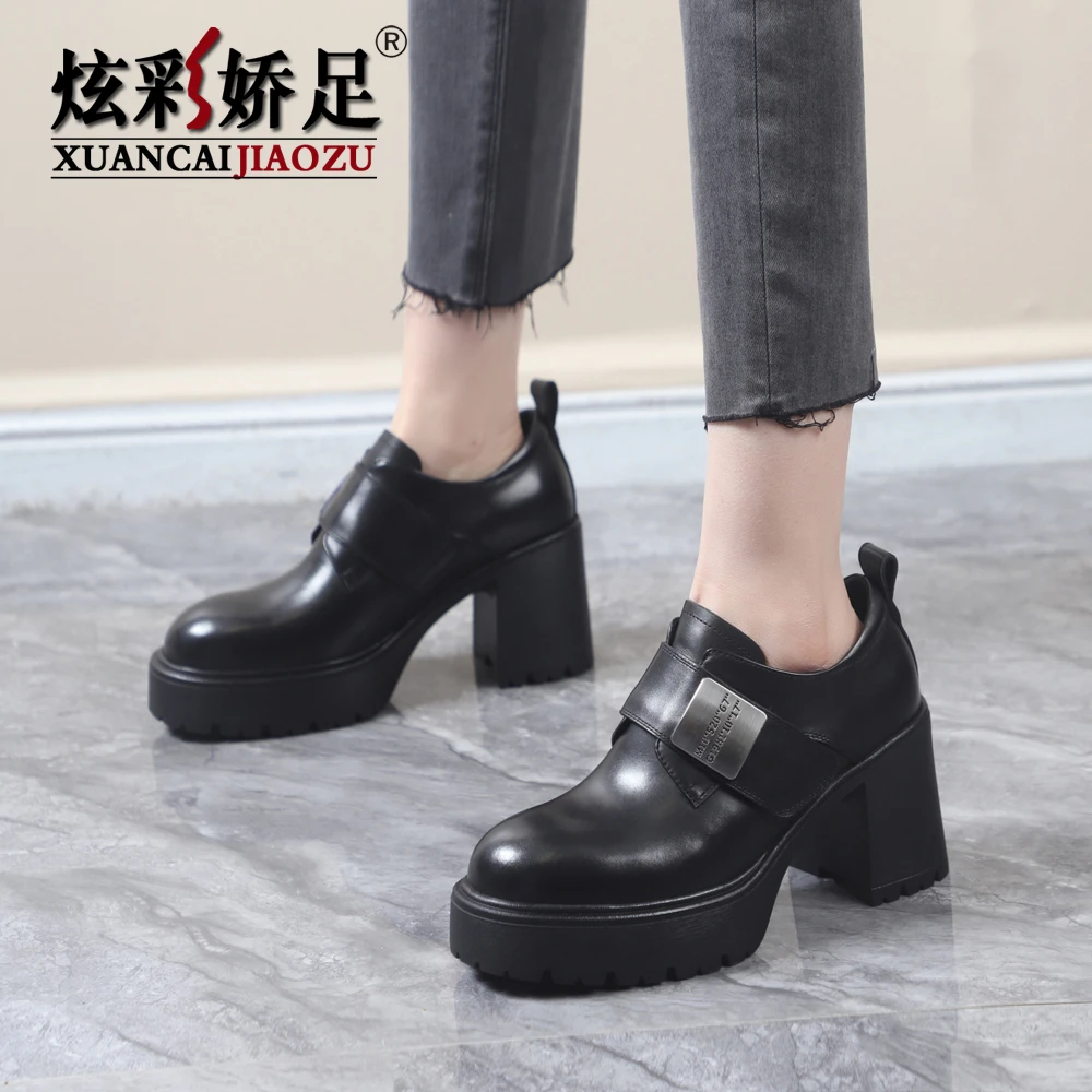 单鞋女鞋2025春秋新款真皮牛皮粗跟高跟厚底魔术贴工作深口小皮鞋