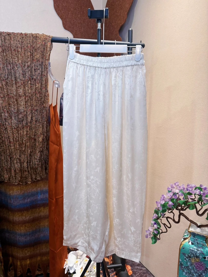 东方美学  桑蚕丝缎面提花松紧腰九分裤