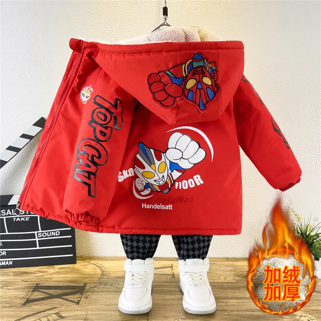 2025韩版秋冬款加绒加厚连帽男童印花圆领冬装棉服洋气儿童男孩