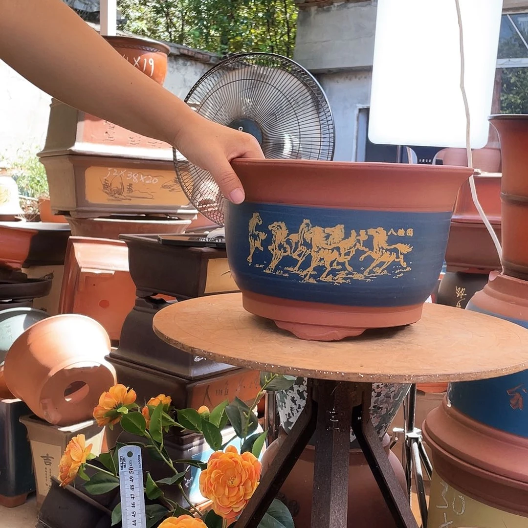 30蓝色八骏图花盆紫砂
