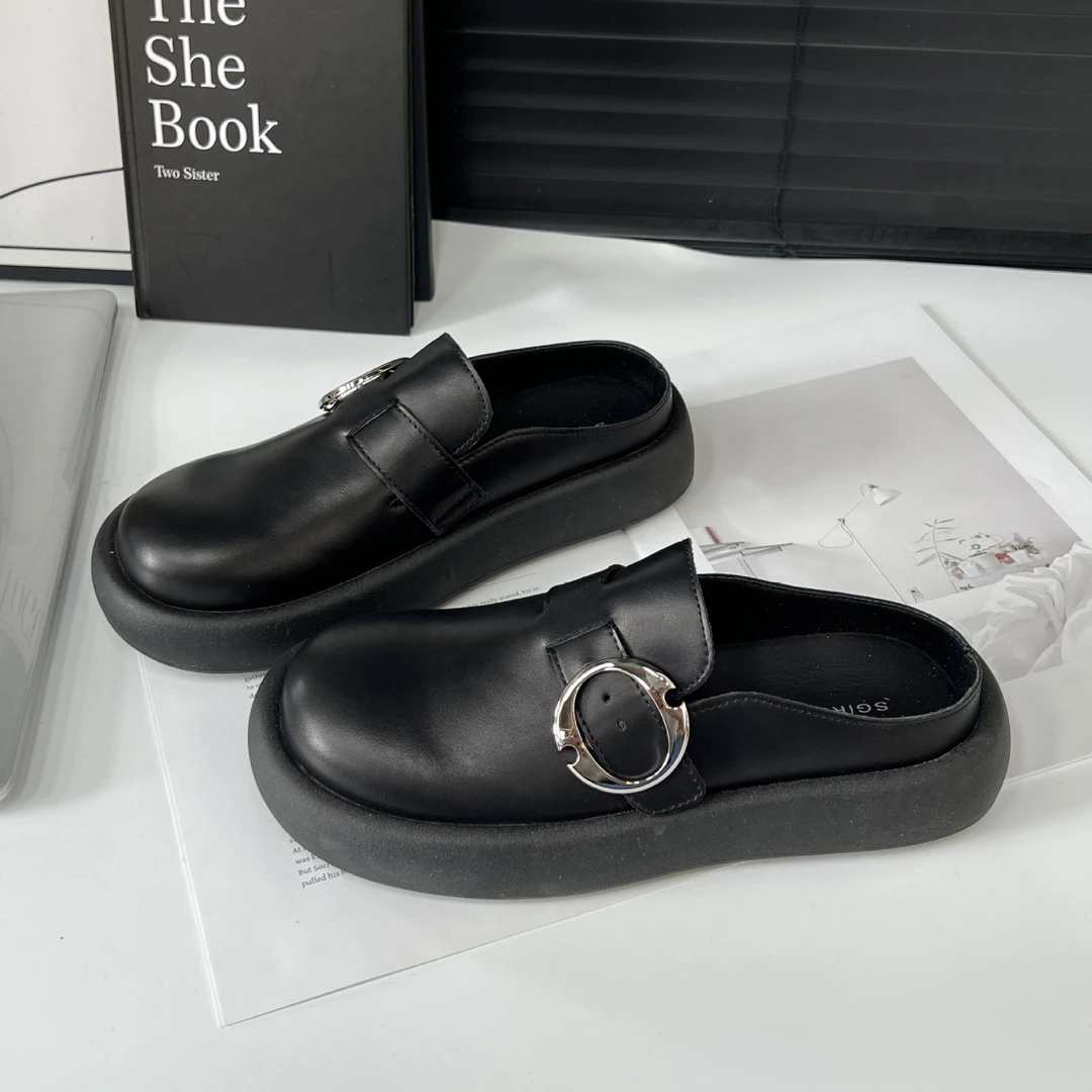 外穿包头半拖鞋女2025春夏新款复古无后跟一脚蹬皮带扣大头懒人鞋