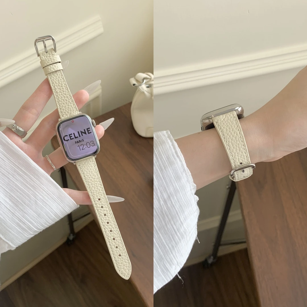 适用苹果手表真皮荔枝纹柔软iwatch9表带applewatch10女款华为gt5