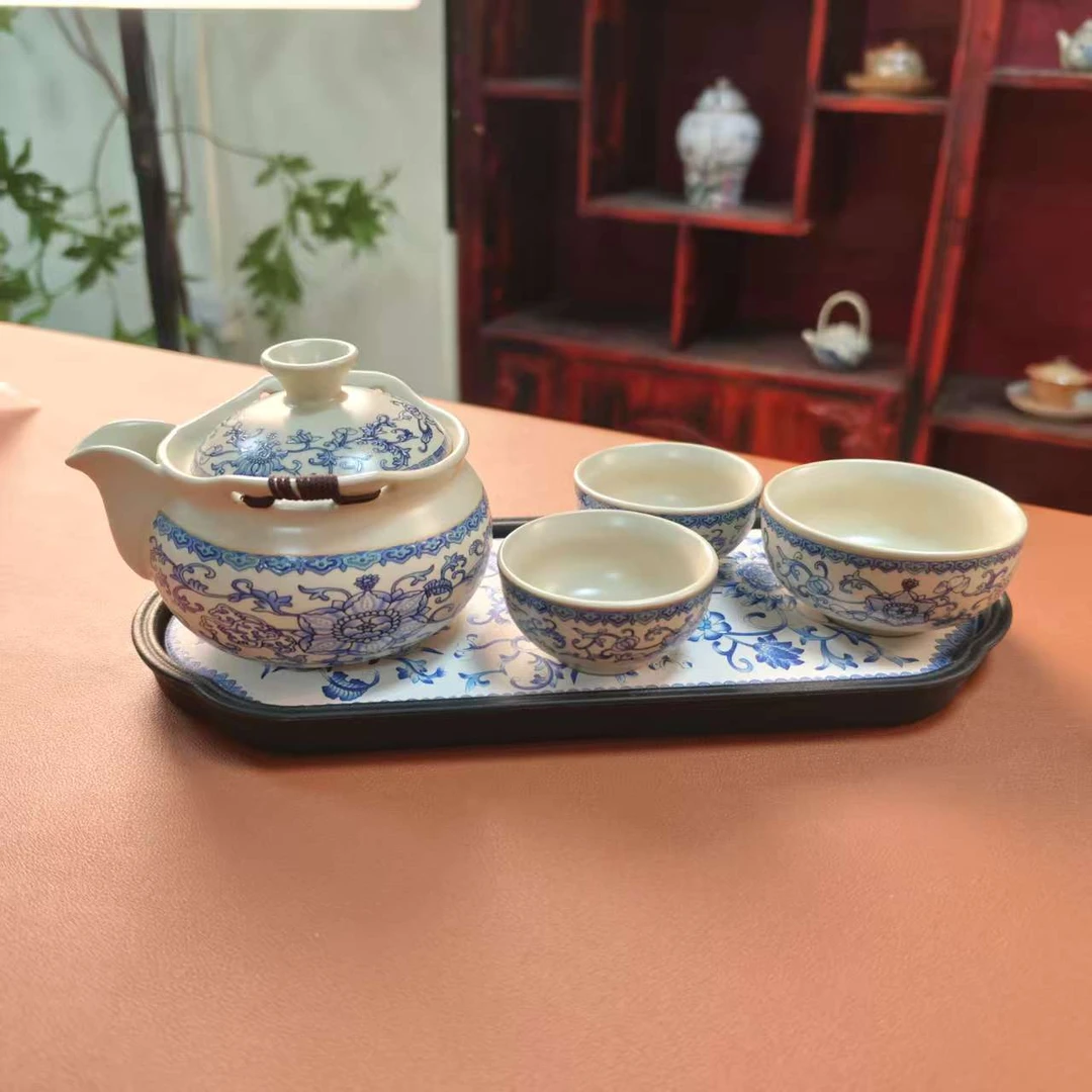 缠枝莲太阳花手抓壶旅行套（主人杯带铜钱）+缠枝莲茶盘