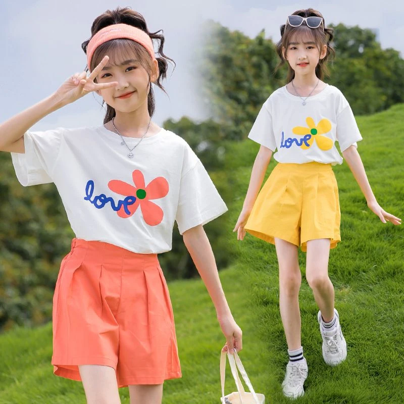 女童甜美两件套2025新款夏季中大童韩版时髦短袖短裤套装潮牌童装
