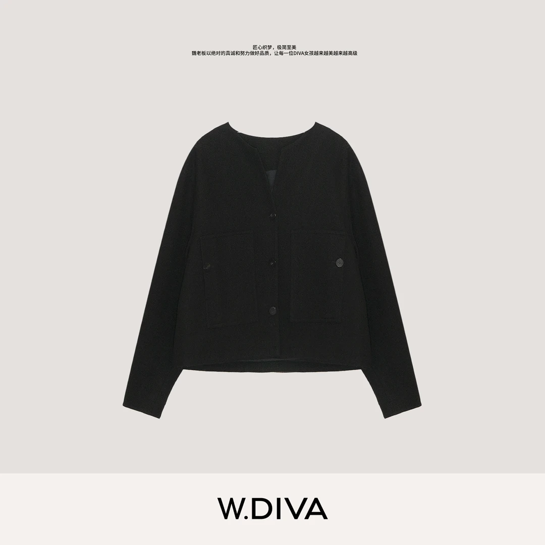 W.Diva【墨隐】秋季极简老钱圆领下摆抽绳澳洲绵羊毛外套53C242714
