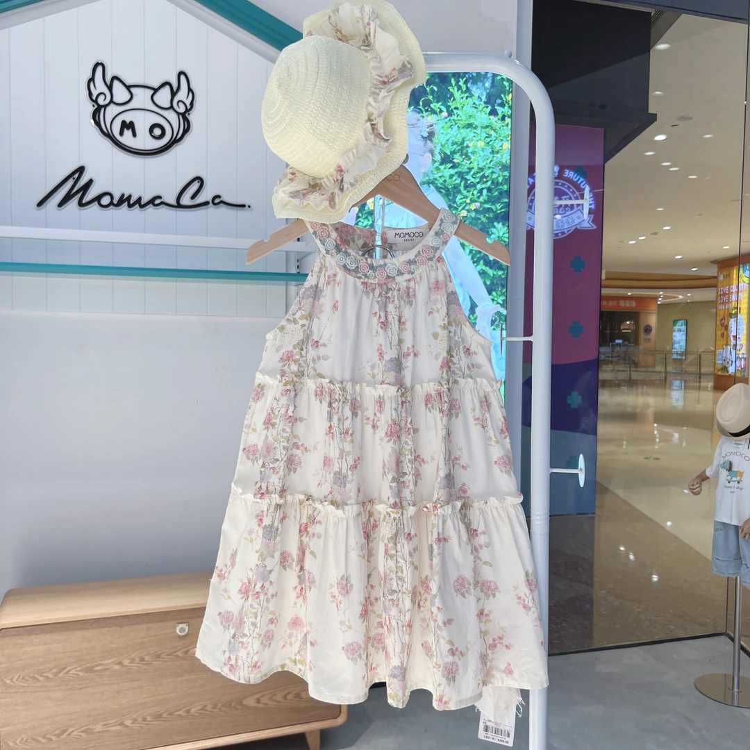 MOMOCO女童夏季儿童韩系花朵艺术高雅无袖挂脖连衣裙77630470221