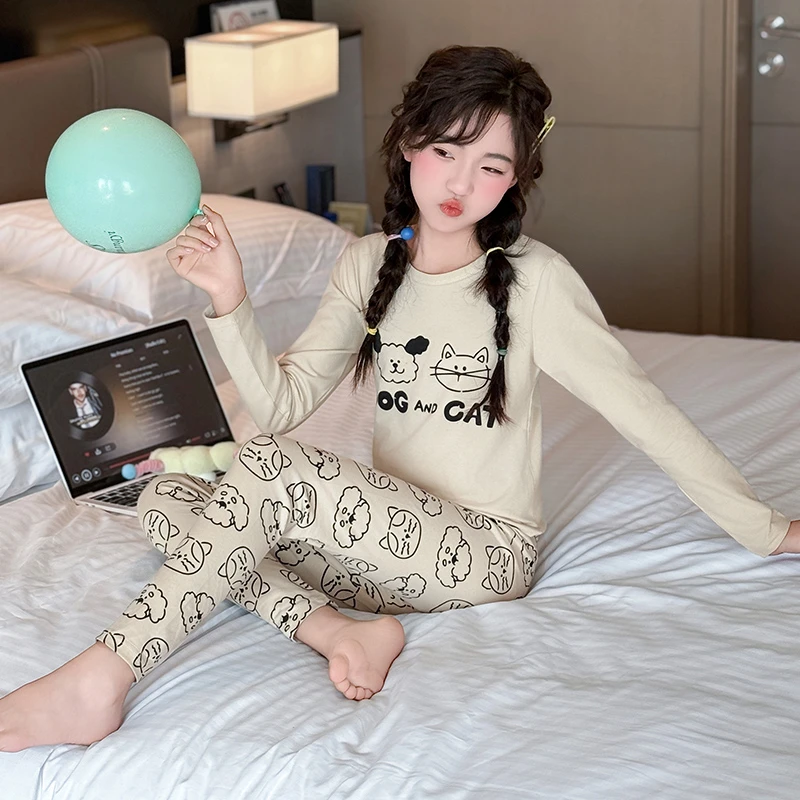 女童秋衣秋裤纯棉秋冬青少年女孩睡衣打底修身大儿童内衣套装薄款