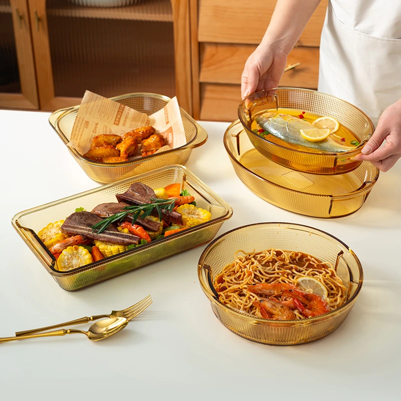 茶色高硼硅玻璃烤盘双耳烤箱微波炉加热专用器皿家用长方形蒸鱼盘