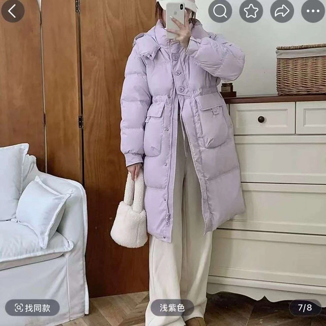 加厚冬季长款新款韩版女中连帽宽松收腰过膝中长款加厚外套鸭绒