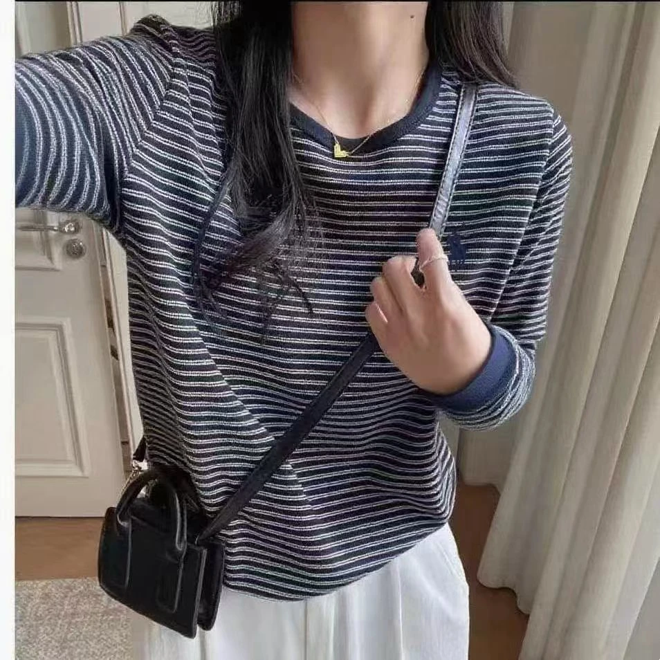 软糯舒适条纹长袖圆领T恤女厚实百搭宽松显瘦打底衫上衣25090