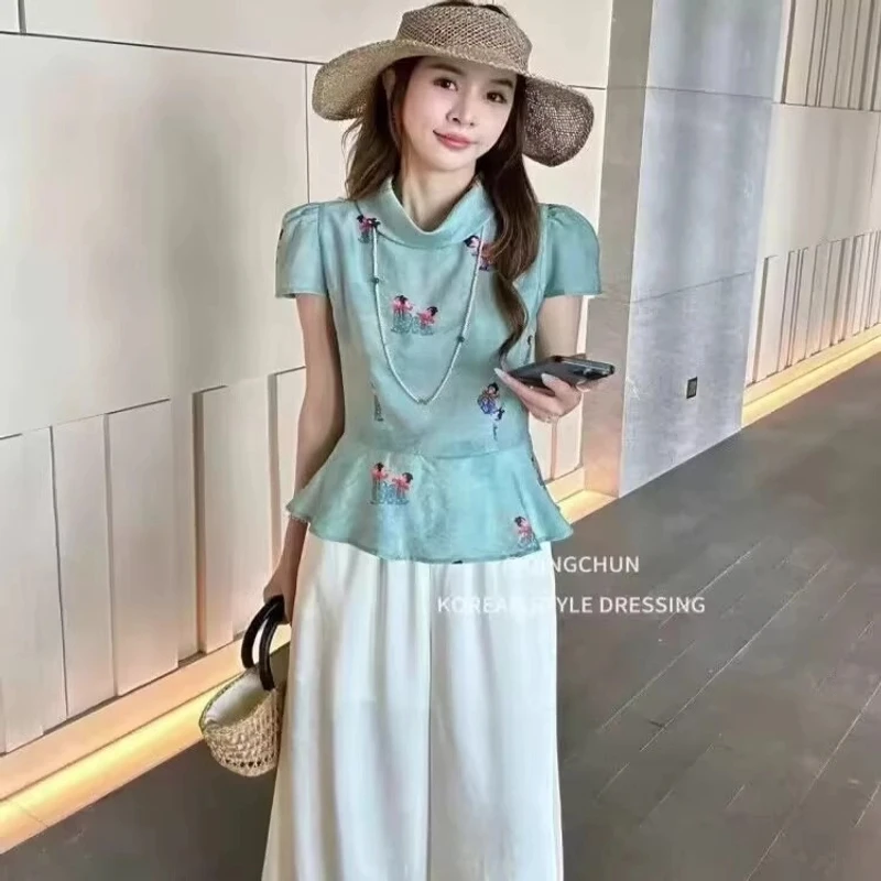 新中式中国风女装2025夏季新款盘扣印花上衣百搭小衫设计感衬衫女