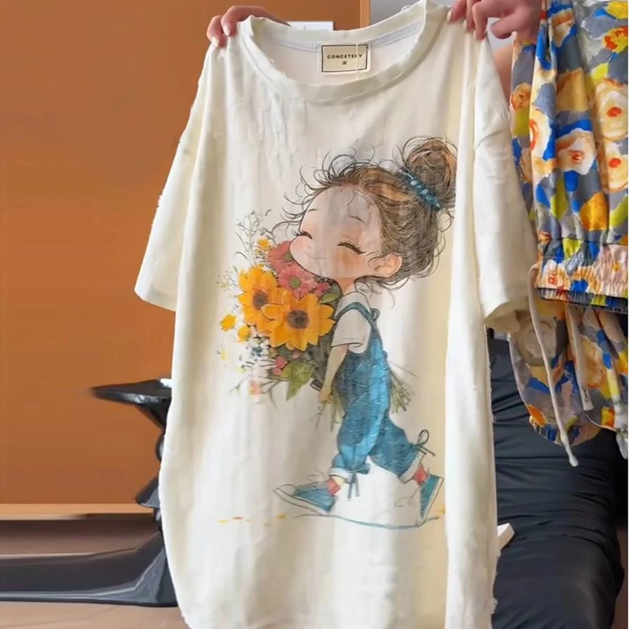 韩系宽松大码卡通女孩印花短袖睡衣女夏款可外穿长裤家居服两件套