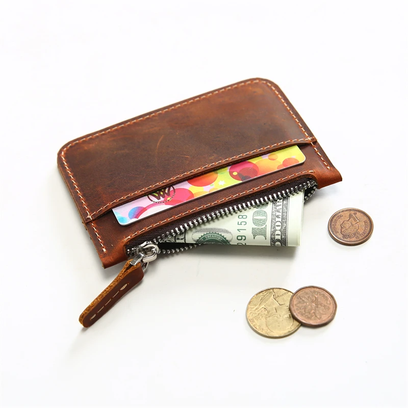 复古疯马头层牛皮短款小零钱包男士真皮拉链钱包多功能驾驶证卡包