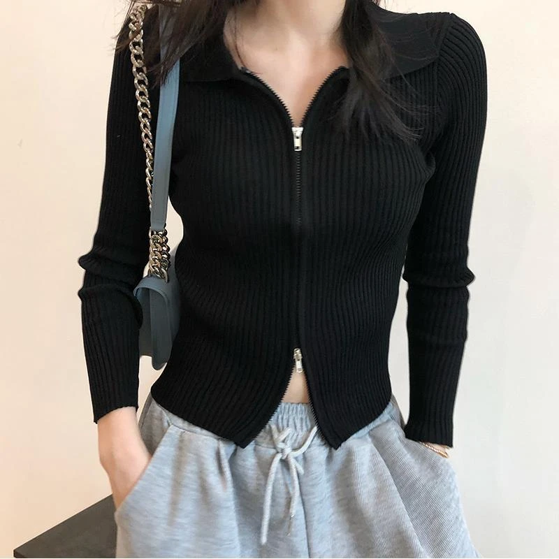 领针织开衫女薄款2025早秋新款修身显瘦短款双头拉链长袖上衣
