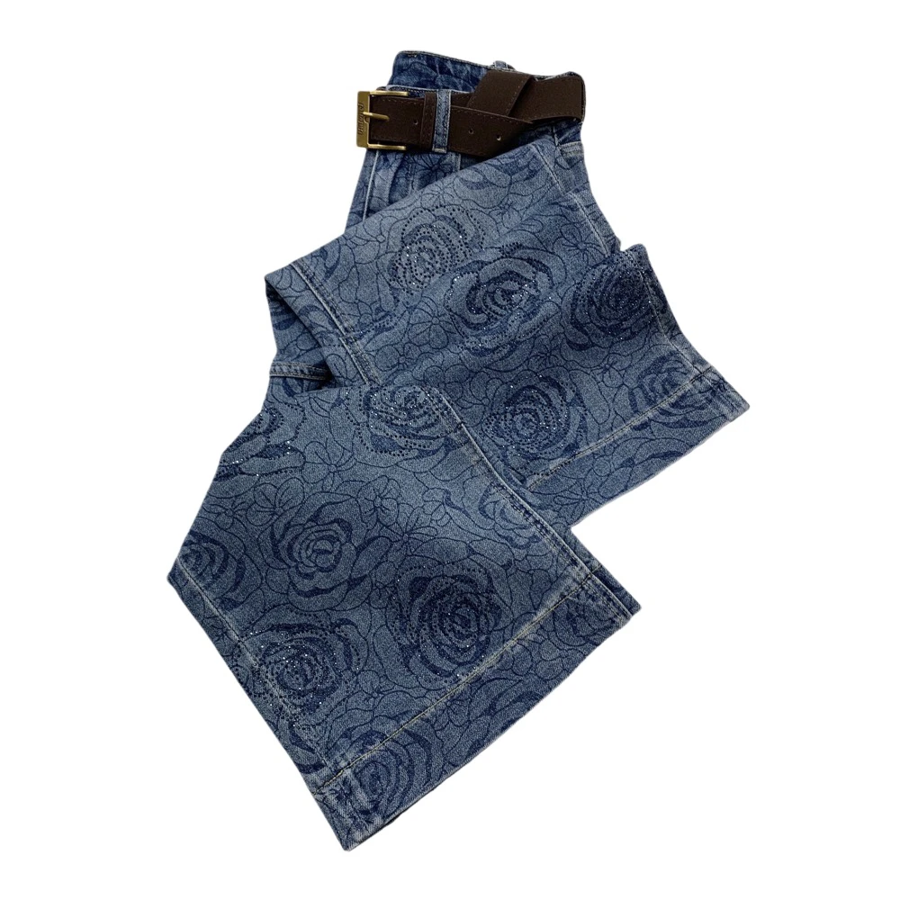 W8663秋季新款重工烫钻花朵设计高腰显瘦直筒牛仔裤女（不带腰带）