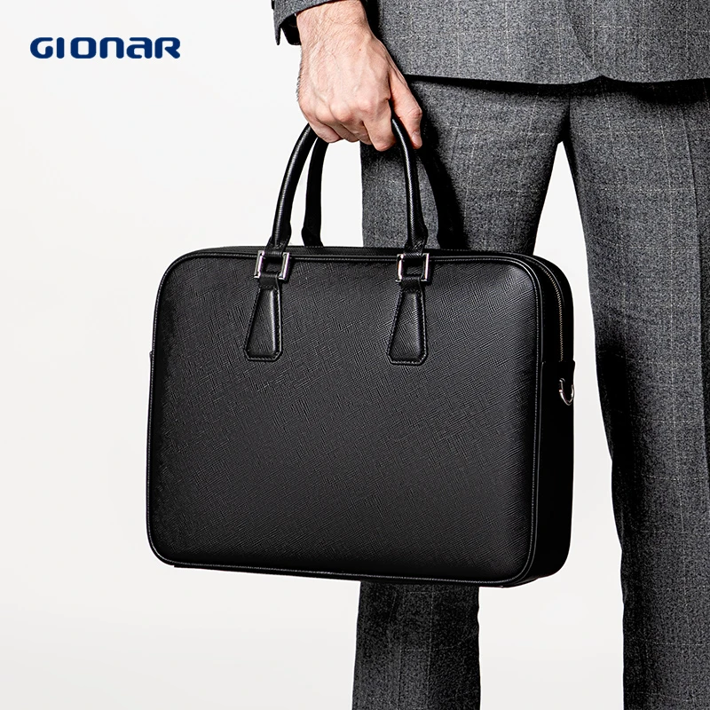 GIONAR男士商务手提包出差专用大容量高档电脑包文件包真皮公文包