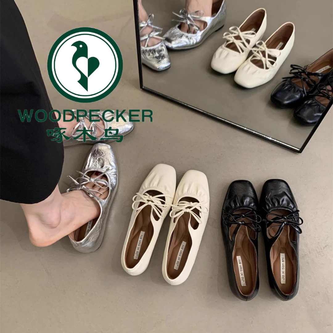 啄木鸟银色单鞋女春秋新款法式气质温柔仙女风晚晚厚底玛丽珍鞋子
