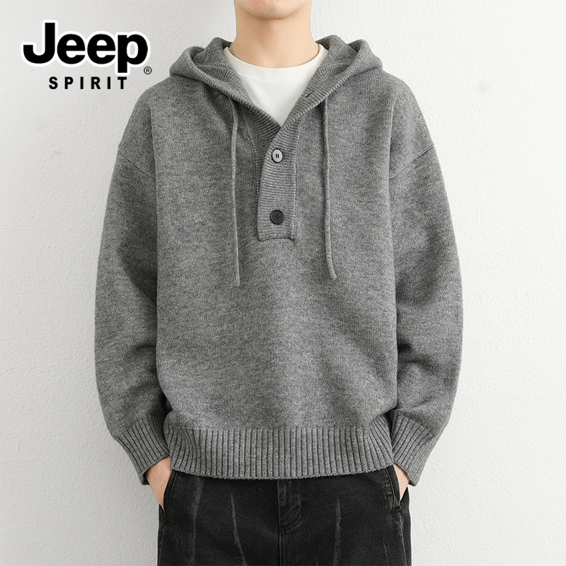 JEEPSPIRIT吉普秋冬男毛衣宽松连帽套头纯色毛线衣青年针织衫外穿