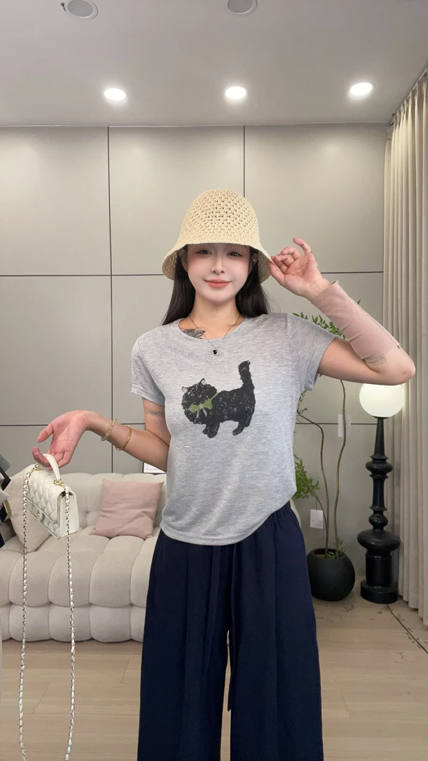 【绿领带小猫】夏季新款天丝亚麻流行显瘦短袖T恤女上衣