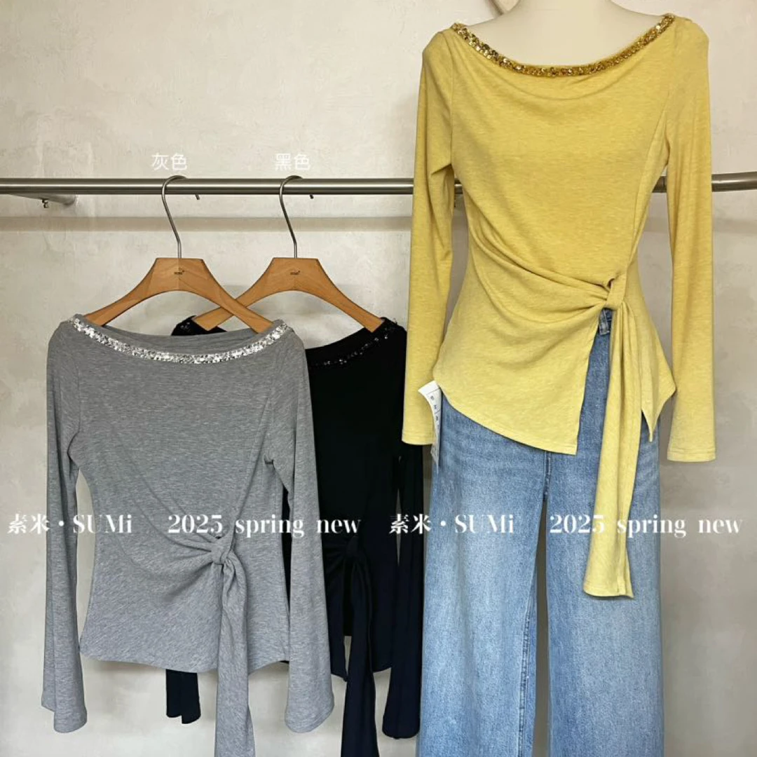 88972纯欲风设计感不规则长袖T恤女修身显瘦打底衫上衣