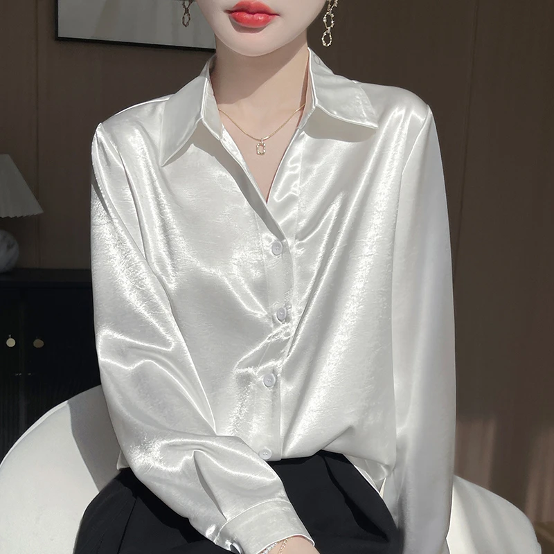 衬衫袖纯色V领长袖POLO领女衬衫白色小众轻熟薄款夏季百搭