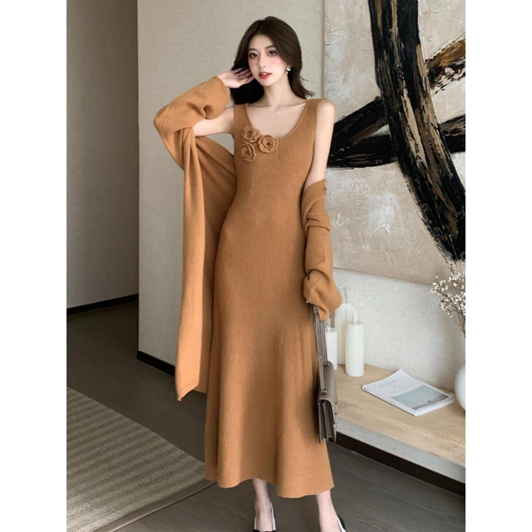 优雅气质马海毛慵懒长款针织开衫女秋冬法式显瘦花朵连衣裙套装裙