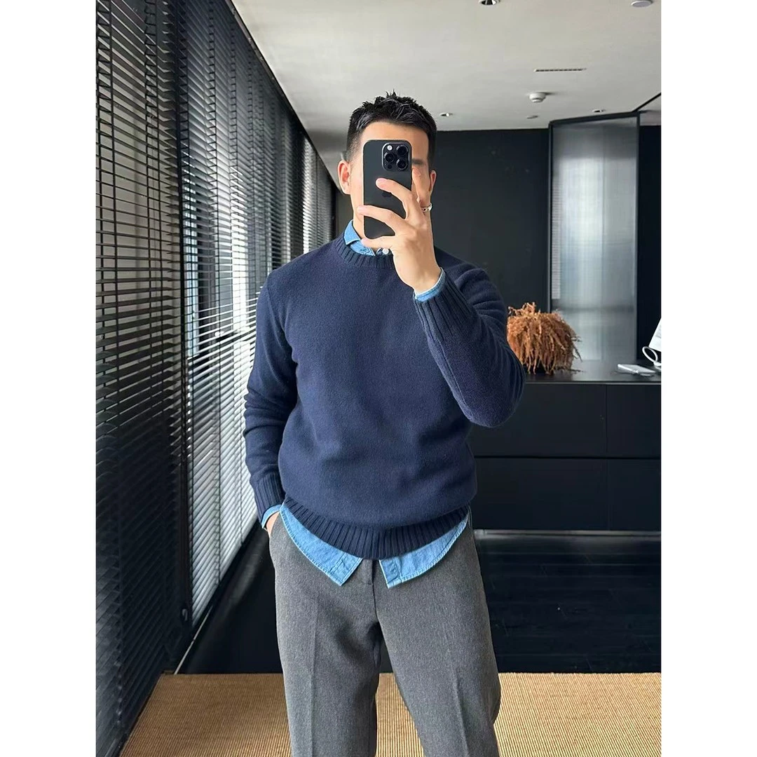 秋冬保暖轻奢男士针织毛衣7针加厚抗寒上衣时尚百搭紫色圆领毛衫