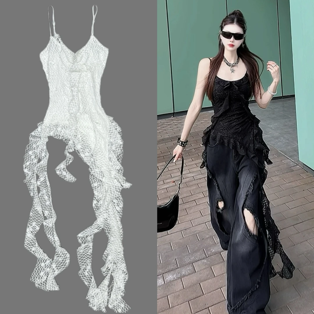 【大大梨】荷叶边飘带不规则背心设计感收腰吊带背心上衣gheQ1113