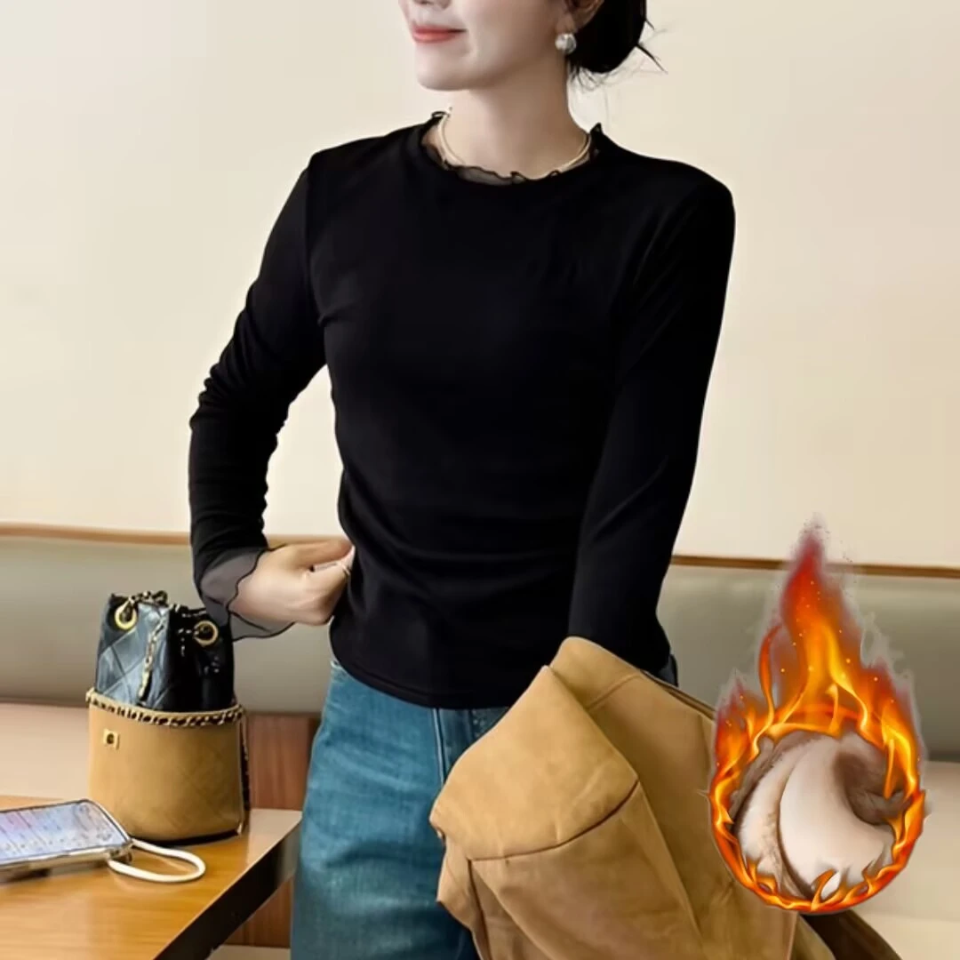 【致柔内搭】韩系简约百搭拼接蕾丝木耳边温柔气质时尚长袖T恤上衣