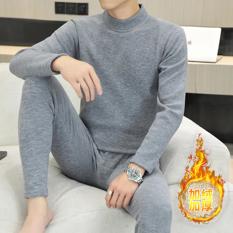 2025男士保暖内衣套装加绒加厚秋冬季时尚半高领羊羔绒秋衣秋裤男