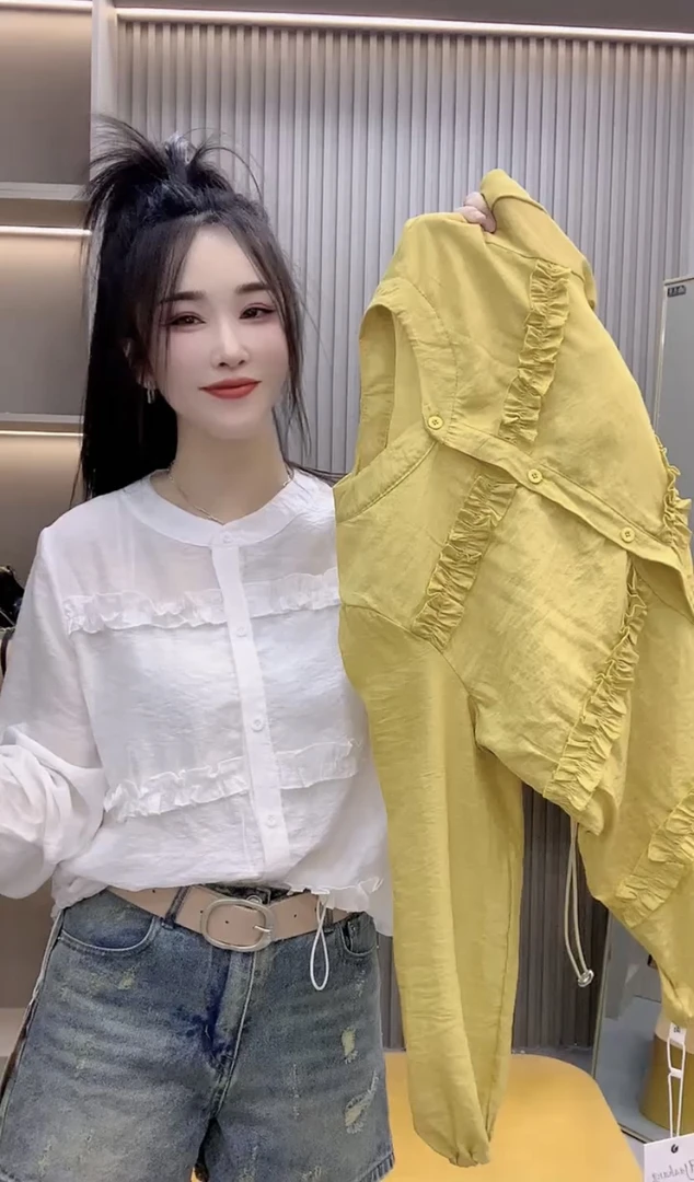 欧洲站2025夏季新款纯色拼接木耳边防晒长袖衬衫女时尚百搭上衣