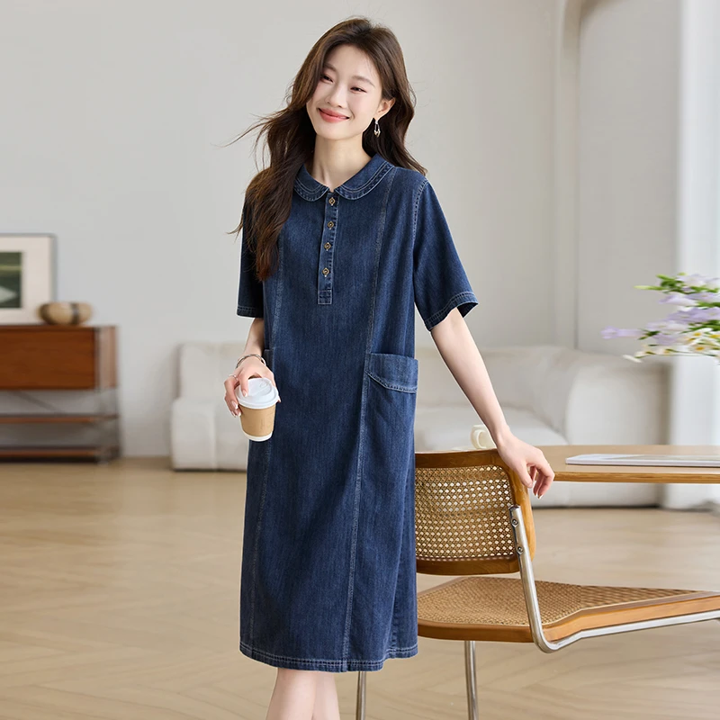 翻领牛仔连衣裙女夏季2025新款气质妈妈宽松休闲薄款短袖中长裙子