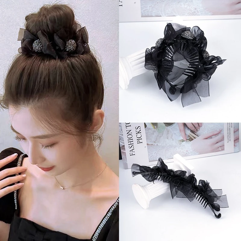 高马尾发夹女网纱蝴蝶结抓夹丸子头盘发神器网红大号夹子发卡头饰