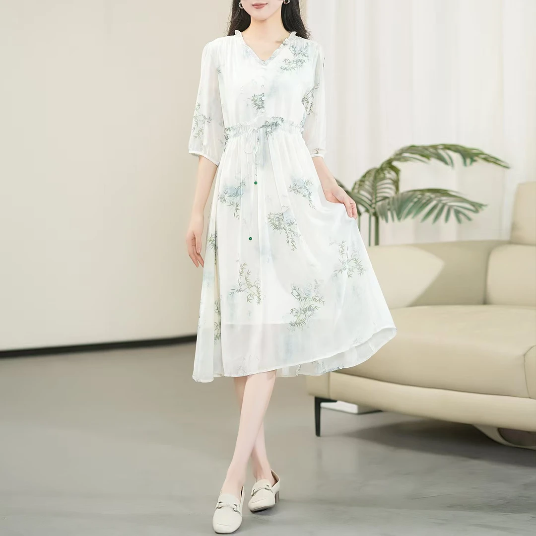 （烟雨）蚕 丝收腰长裙 V领2025年扎染印花显瘦高腰连衣裙