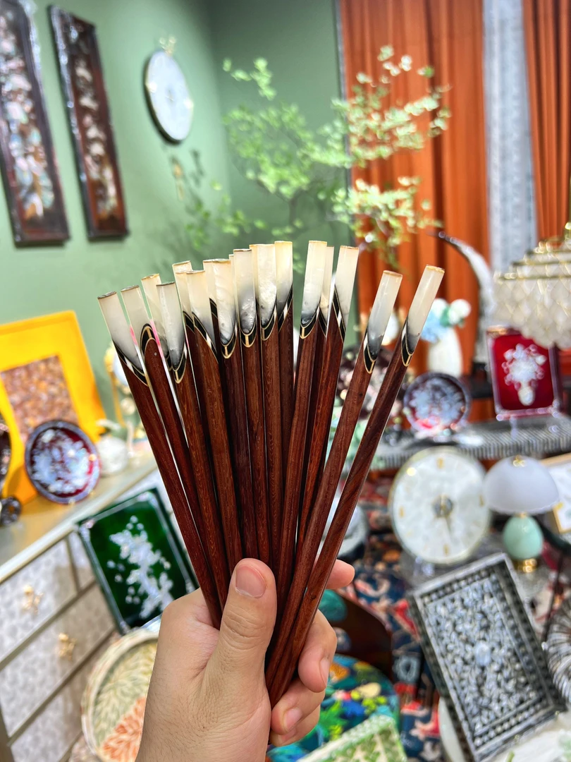 BK089原木原色家用老挝SZ贝壳牛角镶嵌装饰筷子