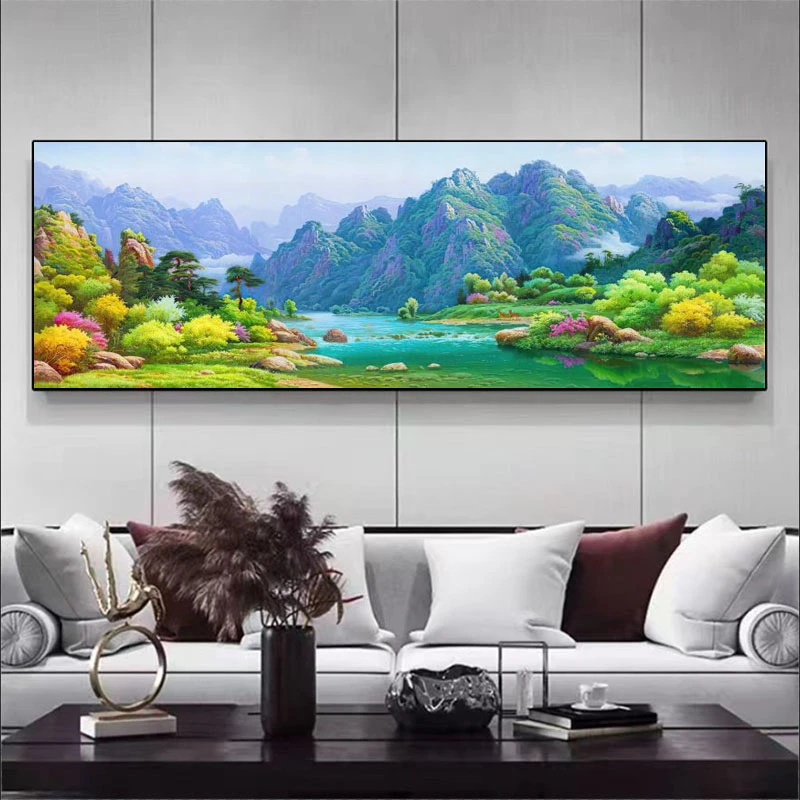 客厅山水装饰画沙发横幅简约轻奢长条客厅背景墙挂画极简立体装裱