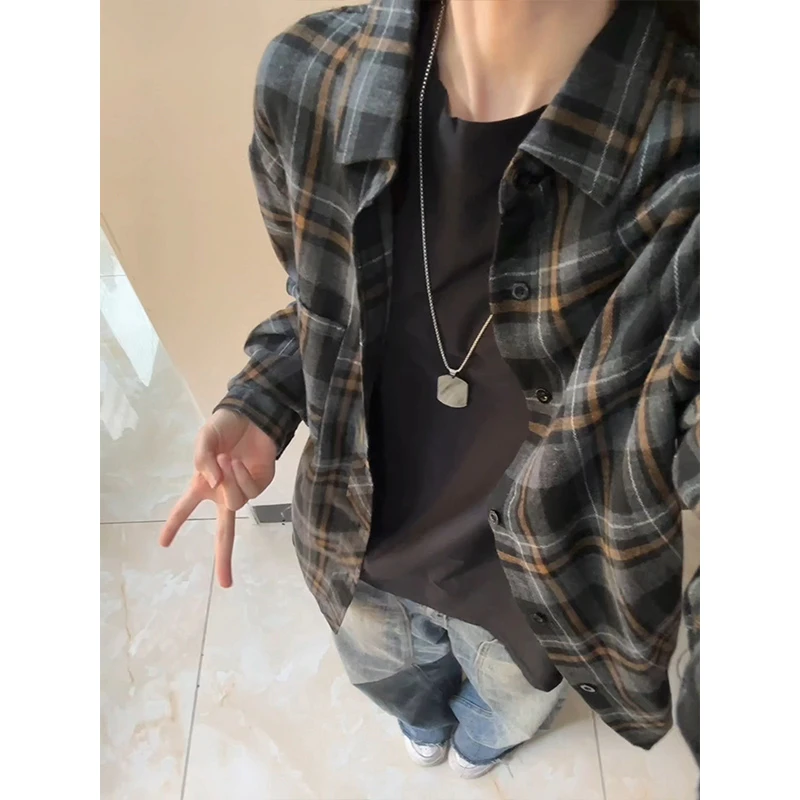 美式复古格子衬衫男秋季宽松慵懒风长袖衬衣春秋2025新款爆款外套