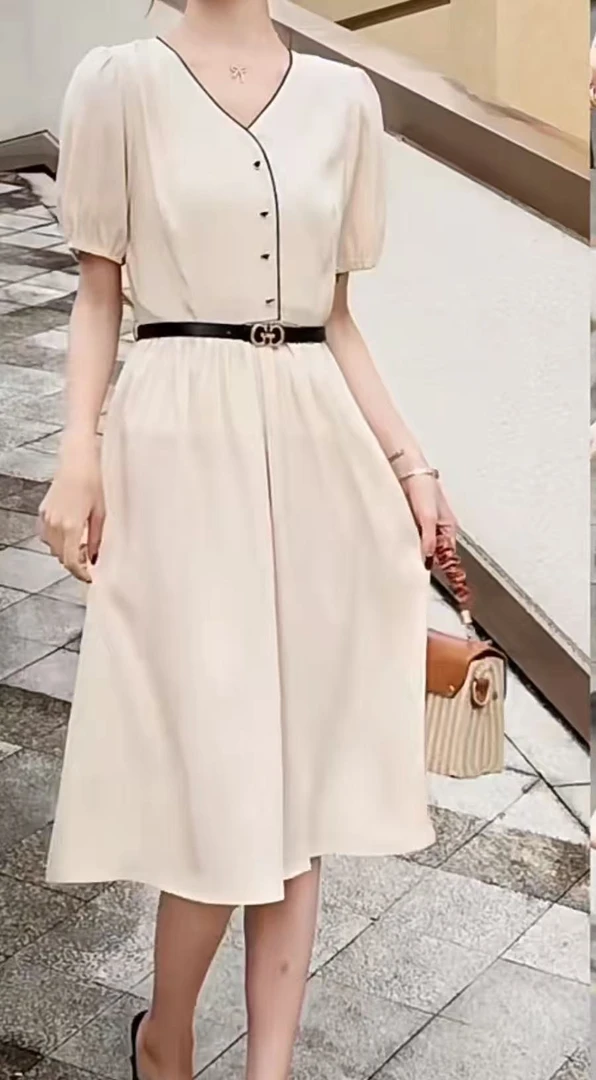 时尚小香风V领连衣裙女夏  ZB