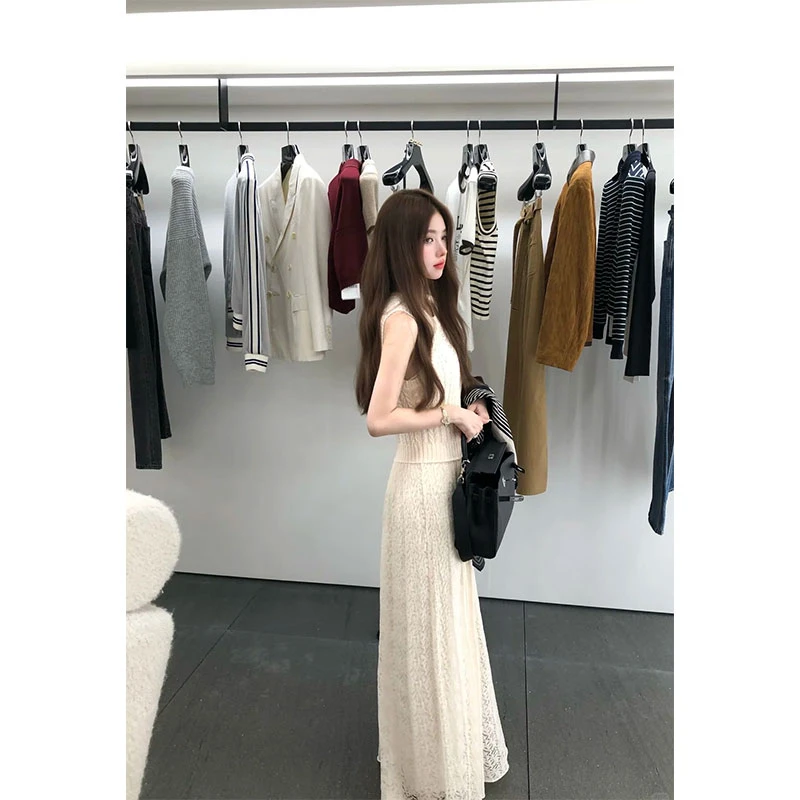 高级法式高腰显瘦镂空针织无袖半身裙套装海边旅游三亚连衣裙长裙