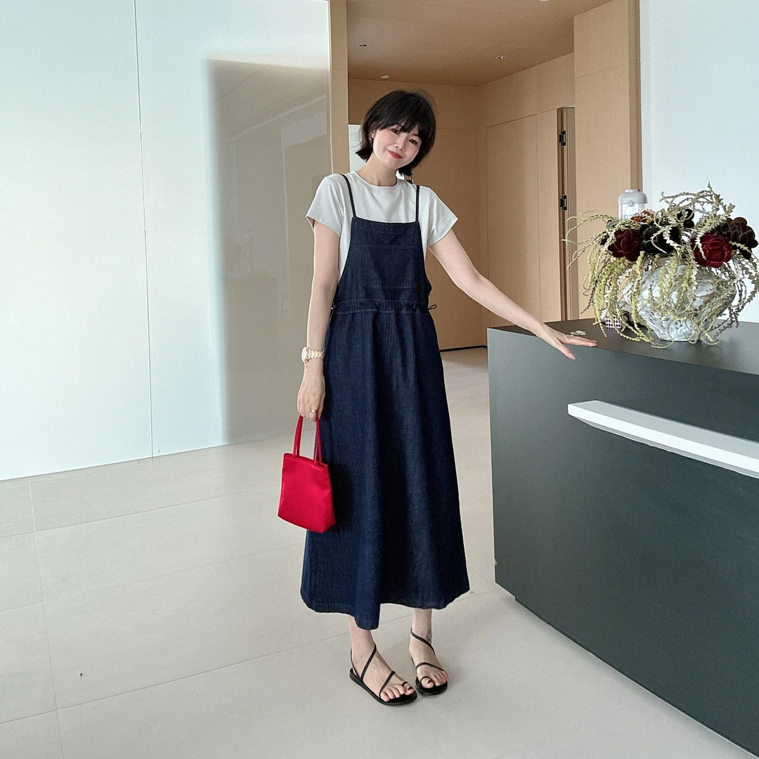 春夏抽绳收腰吊带背带裙连衣裙牛仔裙