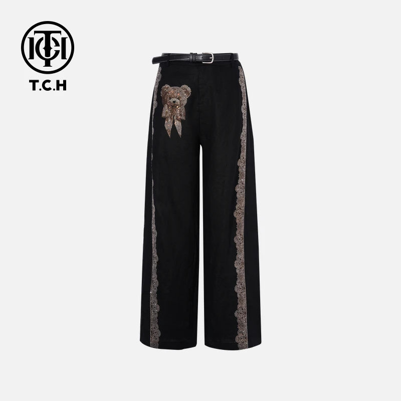 TCH私服烫钻工艺时尚百搭休闲小熊黑色长裤女T75B20E5078轻奢tch