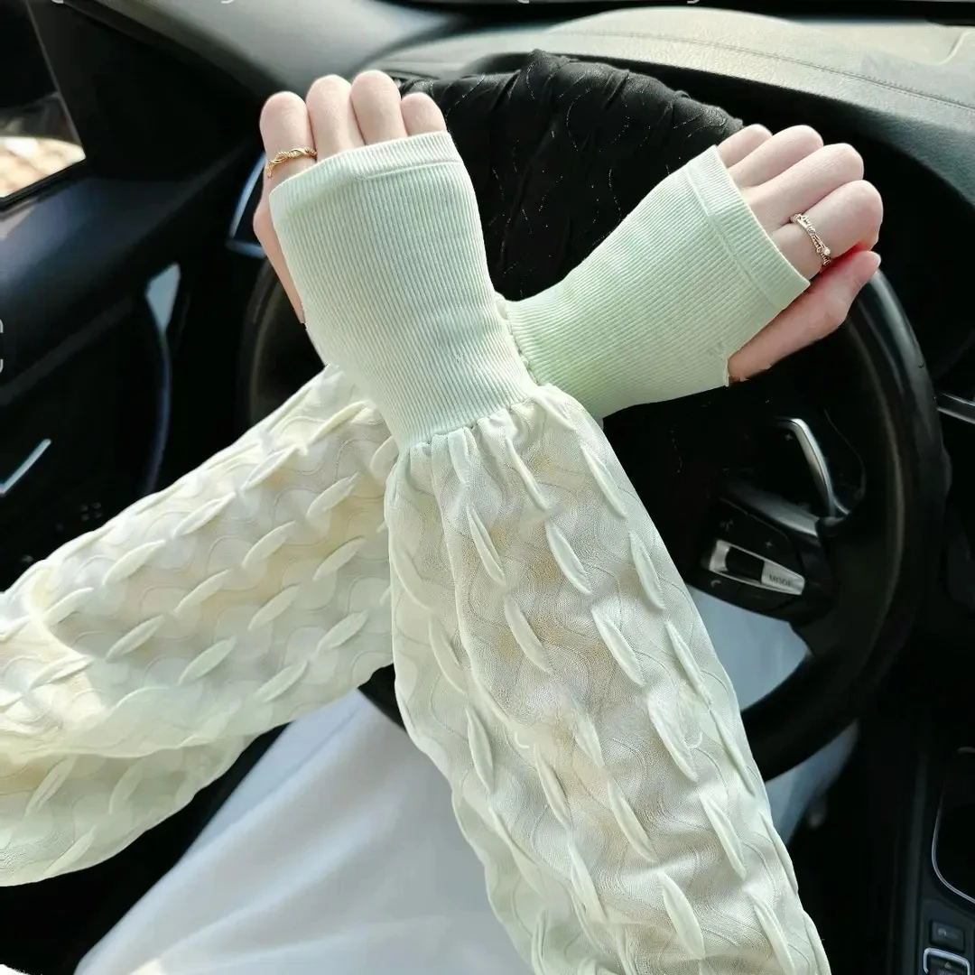 防晒冰袖女夏季罗口宽松加大骑行开车护手臂套冰丝套袖泡泡纱手袖