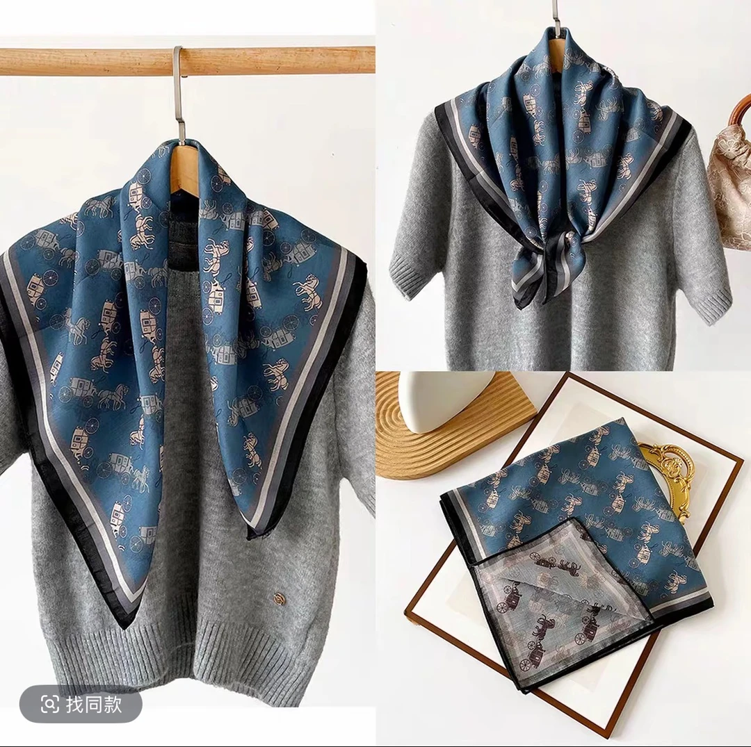 H8【70方巾 蓝调马车】高级感双面丝毛蓝色马车丝巾轻奢气质