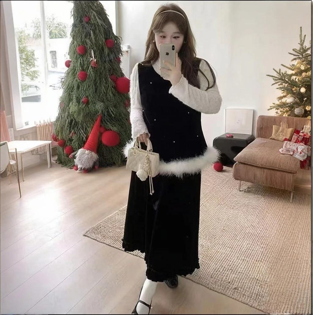 冬季轻奢千金风时尚打底衫丝绒半身裙显瘦大码网红洋气香风三件套