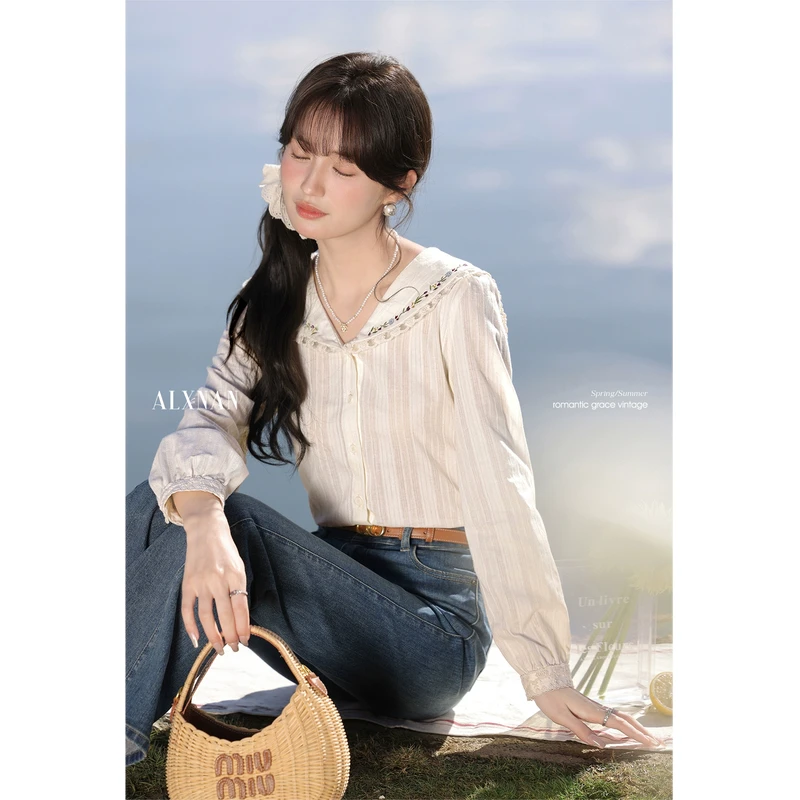 鹿向南【热吻丛林】春季法式设计感衬衣翻领杏色衬衫长袖上衣L52979