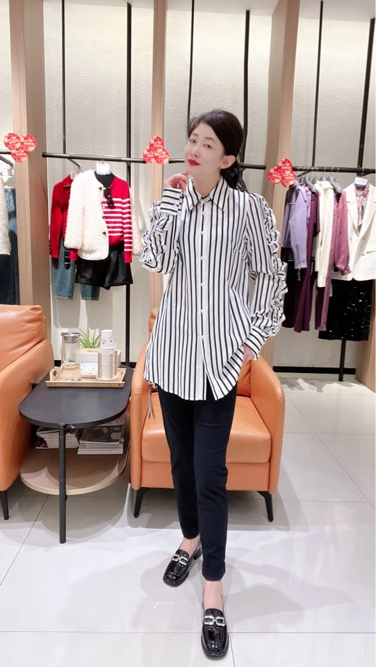 通勤长袖中长款衬衫春款气质小衫竖条纹百搭宽松时尚