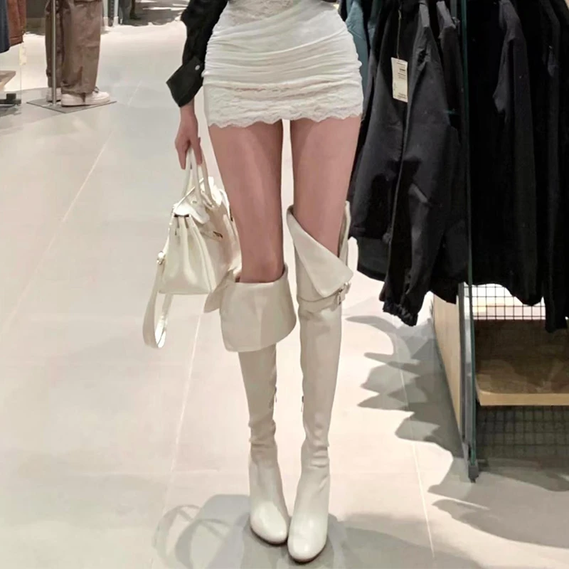 高级感白色高跟过膝长筒靴高跟靴女2025新款气质两穿温柔翻筒长靴